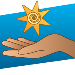 Illustration of a hand and a sun floating above it. 